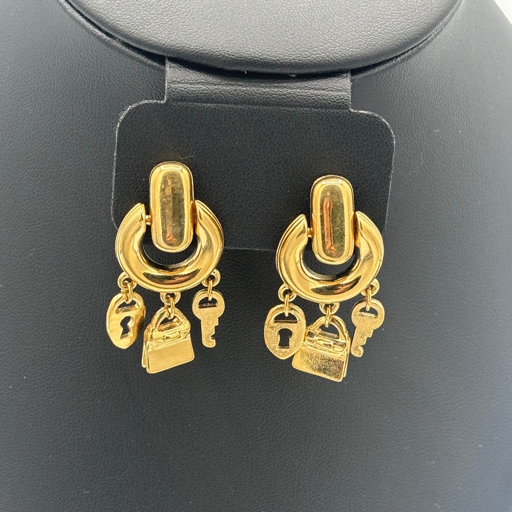 Door Knocker Earrings Women OS Gold Tone Lock Key Bag Charms Vintage
